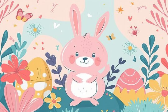 Happy Easter Eggs Basket turmeric. Bunny in flower easter sky blue decoration Garden. Cute hare 3d Picture Book easter rabbit spring illustration. Holy week red gladiolus card wallpaper garden decor