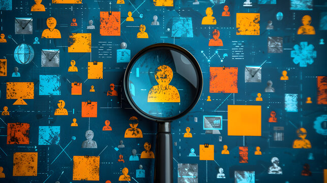 HRM or Human Resource Management, Magnifier glass focus to manager icon which is among staff icons for human development recruitment leadership and customer target group concept. AI