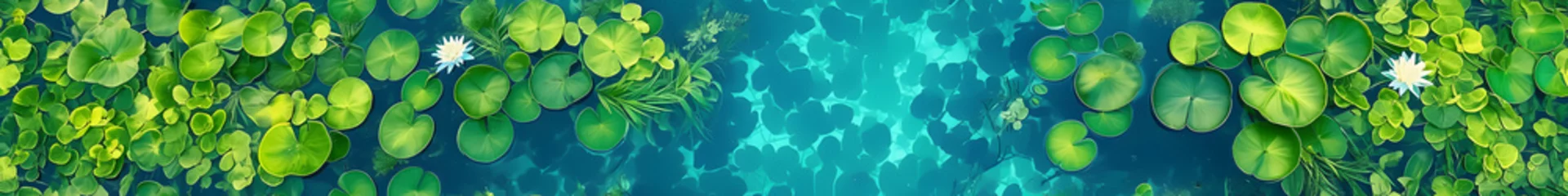 Poster panorama of lotus leaves or water lily in blue water from top with vibrant colors, for web banner with image ratio 8:1 © Helfin