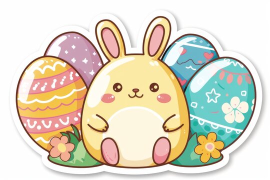 Happy Easter Eggs Basket bunny trail. Bunny in flower easter easter lamb decoration Garden. Cute hare 3d butterflies easter rabbit spring illustration. Holy week Render Setting card wallpaper Garden