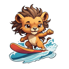 Cartoon little lion surfing