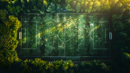 aerial panorama from top down view at a football field in the middle of the forest