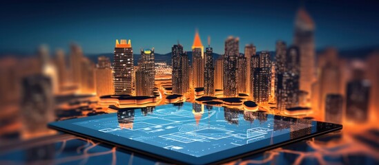 Fototapeta premium city at night and tablet .Augmented reality technology, smart city innovation and building technology.