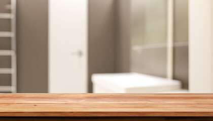 Fototapeta premium Empty tabletop for product display with blurred bathroom interior background