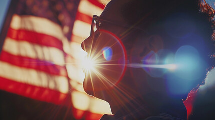 head of a person silhouette US Independence Day youtube background concept with a waving flag