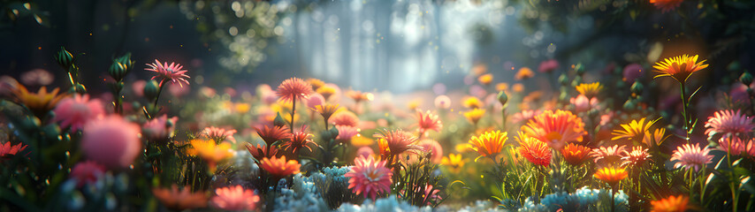 panorama of flower fields blooming with various colorful flowers bathed in soft sunlight, landscape of flower beds