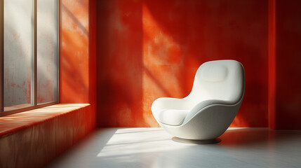 窓から差し込む光に照らされたオレンジ色の壁と白い椅子 - obrazy, fototapety, plakaty