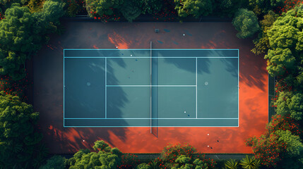 tennis court surrounded by trees top down view, sports background - obrazy, fototapety, plakaty