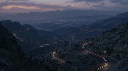 As dusk fell, lights and vehicle traces from cars and trucks could be seen circling along a mountain road between circular ravines