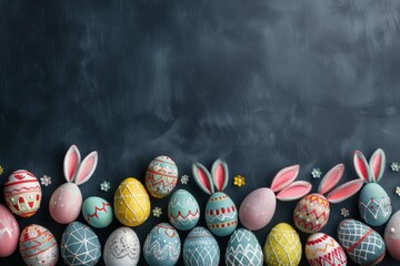 Happy Easter Eggs Basket Hard boiled eggs. Bunny in flower easter snowdrops decoration Garden. Cute hare 3d Hydrangeas easter rabbit spring illustration. Holy week sparkling card wallpaper awakening