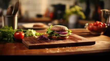 Fotobehang Burger served on a wooden tray, Delicious meal featuring a hamburger, sandwich, and various fresh vegetables. Fast food and junk food restaurant dinner menu. © Muamanah