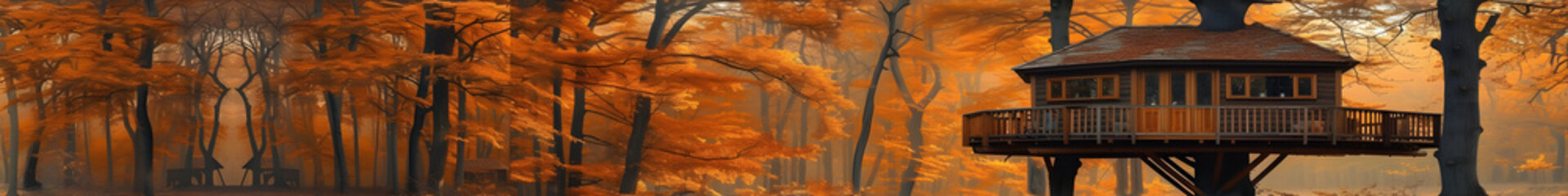 panorama of tree house in forest in autumn, for web banner with image ratio 8:1