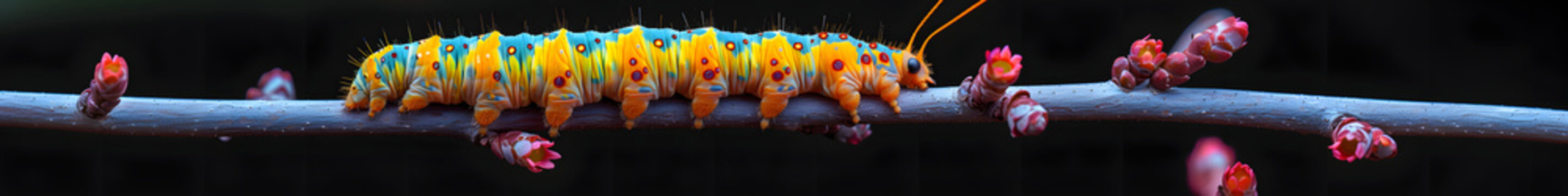 panorama of caterpillar on tree branch with vibrant colors, for web banner with image ratio 8:1