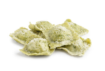 Heap of tasty ravioli with cheese on white background