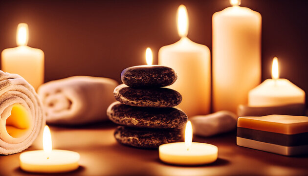 Spa resort therapy composition. Burning candles, stones, towel, abstract lights