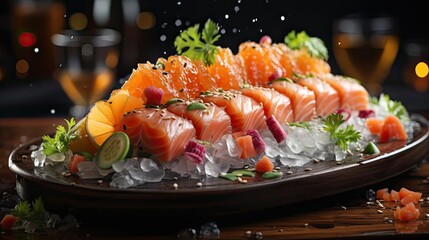 Delicious fresh sashimi on ice with black and blur background