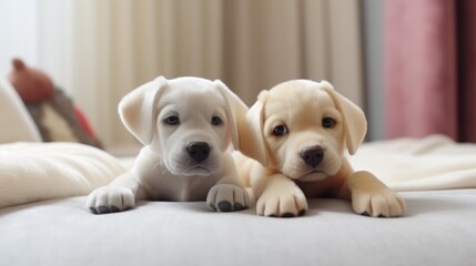 Two Adorable Puppies Snuggle on Bed Together