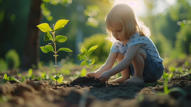 A girl working outdoors, planting a seedling in a garden, surrounded by nature and soil, with her hands in the dirt, gardening, agriculture, and organic farming during the spring