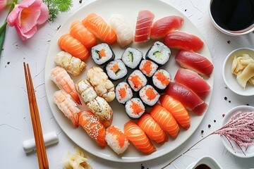 Valentine's Day sushi set in shape of heart, a romantic menu asian food, restaurants and culinary celebrations.