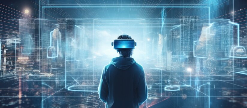 Neon futuristic concept of a person using virtual reality glasses and headset on neon background