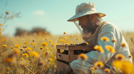 An image of a beekeeper working in a honey farm, holding a wooden crate filled with honeycomb frames.