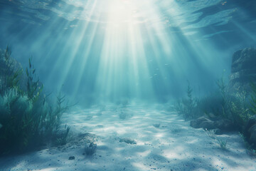 Sun rays with coral reef and fishes underwater view of the world
