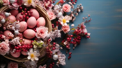 Fototapeta na wymiar beautiful easter day background concept with pink eggs and flowers