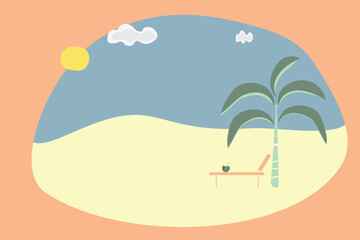 Fototapeta na wymiar Illustration of a beach with a sun lounger and a palm tree in simple flat style.