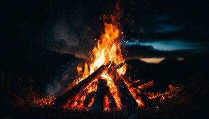 Bonfire, campfire, dawn, black background, close-up