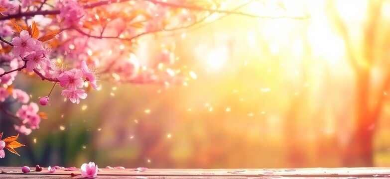 Pink Blossoms Above A Wooden Planter In The Sunlight. Made With Generative AI Technology