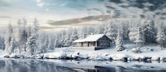 Fototapeta na wymiar beautiful riverside fishing house in deep snowy winter