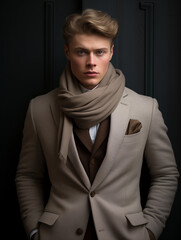 a young man in a grey coat and scarf posing