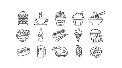 Black icons of fast food on a white background.