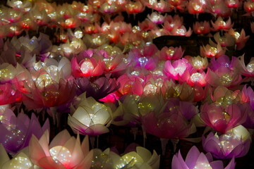 Colorful set of artificial lotus lamp in a festival