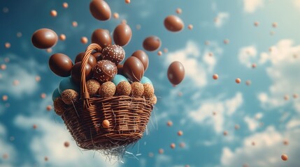 Cesto de ovos de chocolate de pascoa voando e espalhando seus ovos no ar. - obrazy, fototapety, plakaty