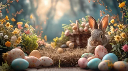 Fotobehang Fundo fotográfico de páscoa com lindo cenário decorativo com coelhinho, ovos e fundo desfocado. © Dudarte