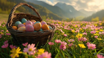 Fundo fotográfico com lindo cesto de ovos de páscoa coloridos em um grande campo com flores e grama ao ar livre - obrazy, fototapety, plakaty
