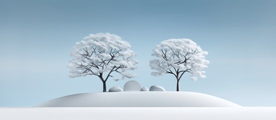 White stylized trees blue sky background with clouds on snow field. 3D illustration, rendering - Powered by Adobe