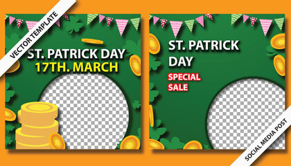 St. Patrick's Day holiday square template and design elements green shamrocks, beer drinks and celebration decorations for banners, posters and social media posts. - obrazy, fototapety, plakaty