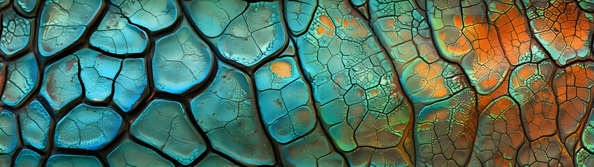 close up colorful chameleon skin texture pattern background wallpaper, vibrant chameleon scales texture pattern, background with a ratio size of 32:9 - obrazy, fototapety, plakaty