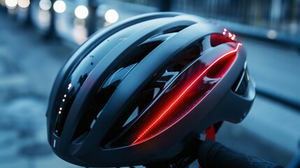 Fototapeta premium Illuminated Cycling Helmet on Blue Background. Generative ai