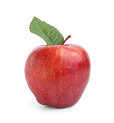 Fresh red apple with leaf on white background