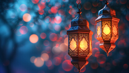 Traditional Arabic lanterns glowing against a bokeh light background, symbolizing Islamic celebrations such as Ramadan.