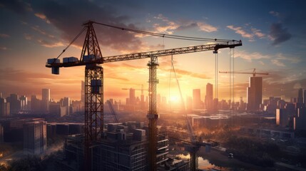Tower crane construction site building skyscraper, work process during sunset. Cityscape scene golden light.	
