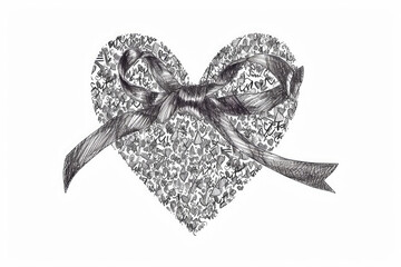 Heart line drawing ribbon in doodle sketch. Wedding, Valentine day love heart scribble line background