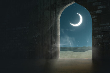 Mosque door with a view of the crescent moon and starry sky at night