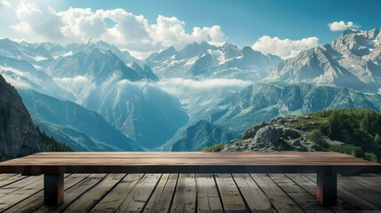 Wooden Tabletop Overlooking Mountainous Landscape. Generative ai - obrazy, fototapety, plakaty