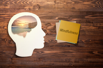 Stack of paper with mindfulness text and a brain with a nature view in the human head