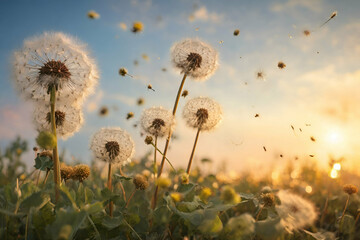 Beautiful fluffy dandelions and flying seeds outdoors at sunset
