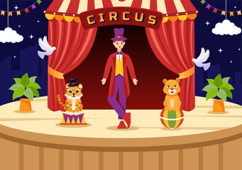 Circus Vector Illustration with Show of Gymnast, Magician, Animal Lion Tiger, Host, Entertainer, Clowns and Amusement Park in Flat Cartoon Background